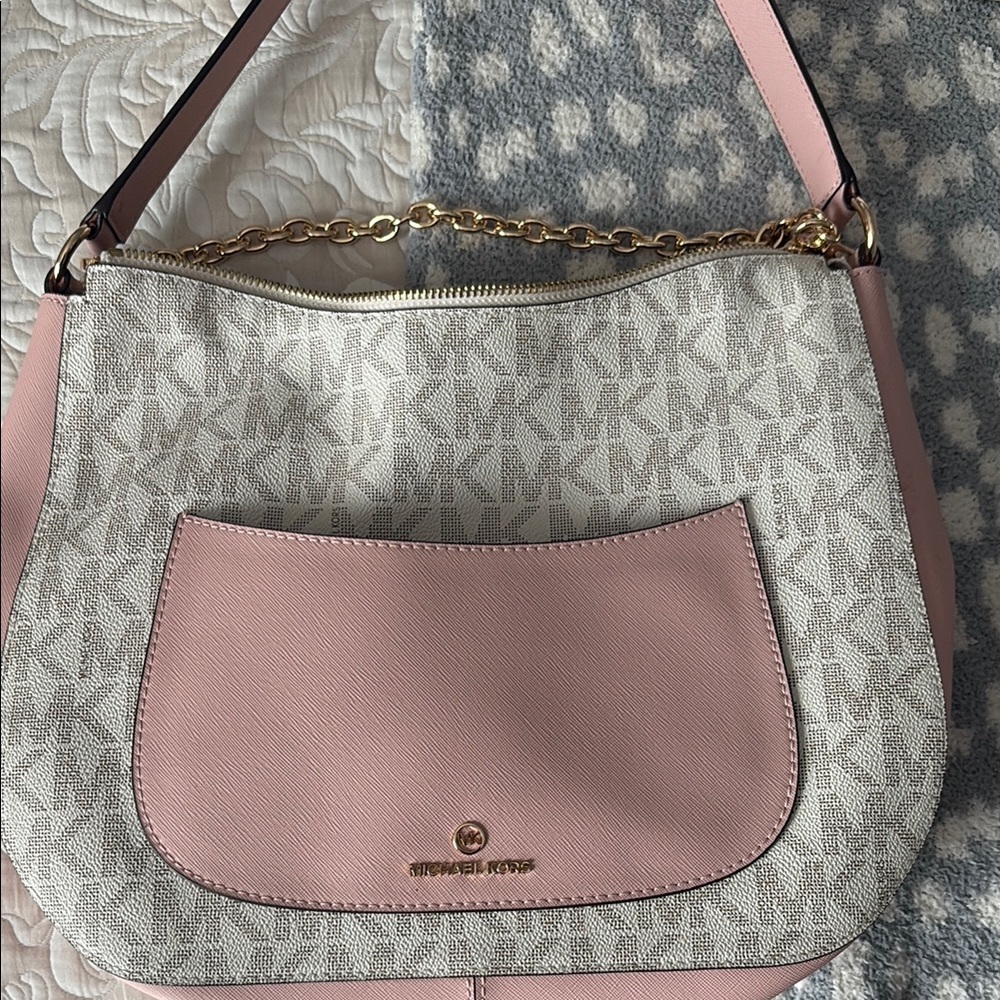 Michael Kors Pink and White Shoulder Bag with Gold Hardware